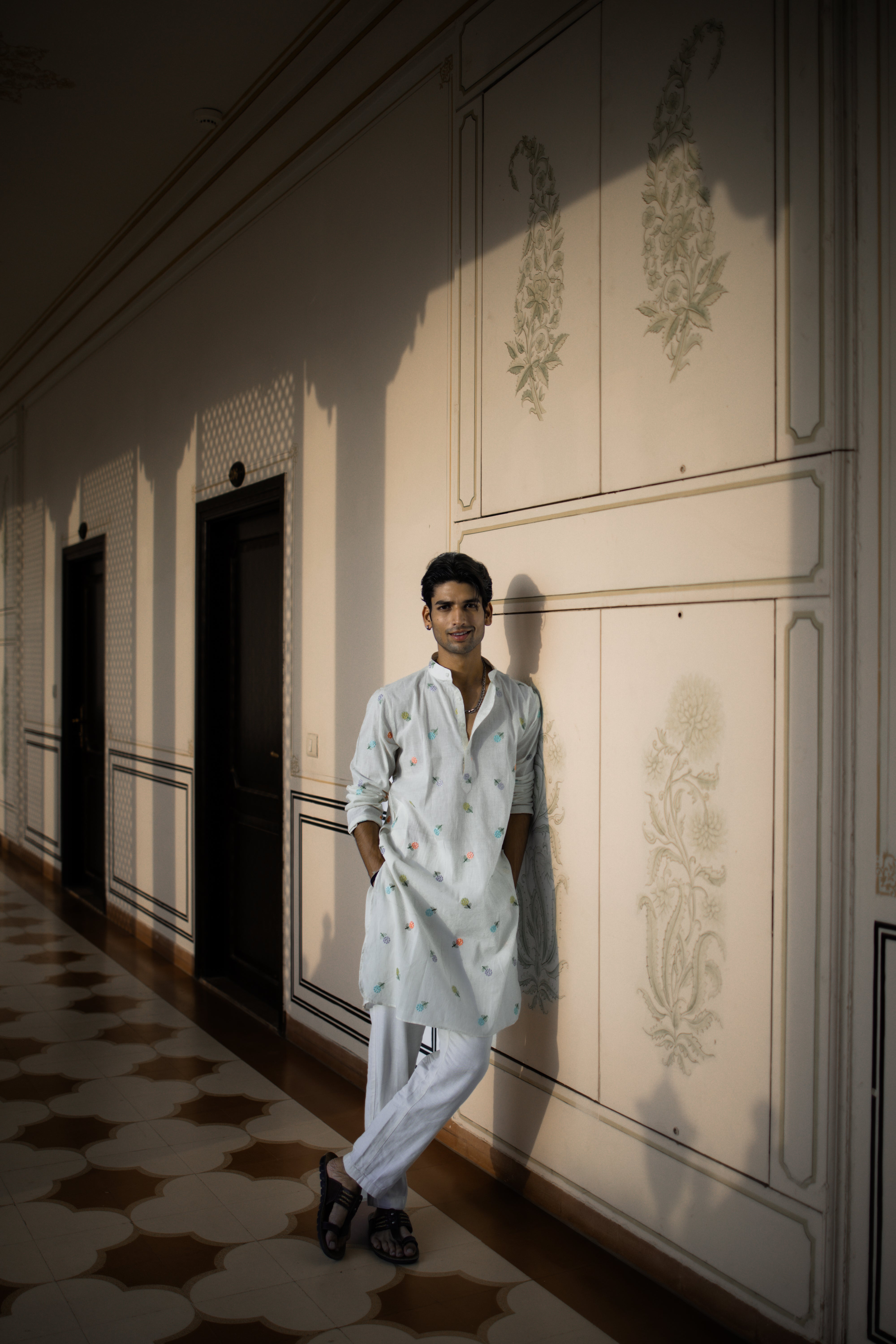 Mint White Floral Motif Ethnic Kurta