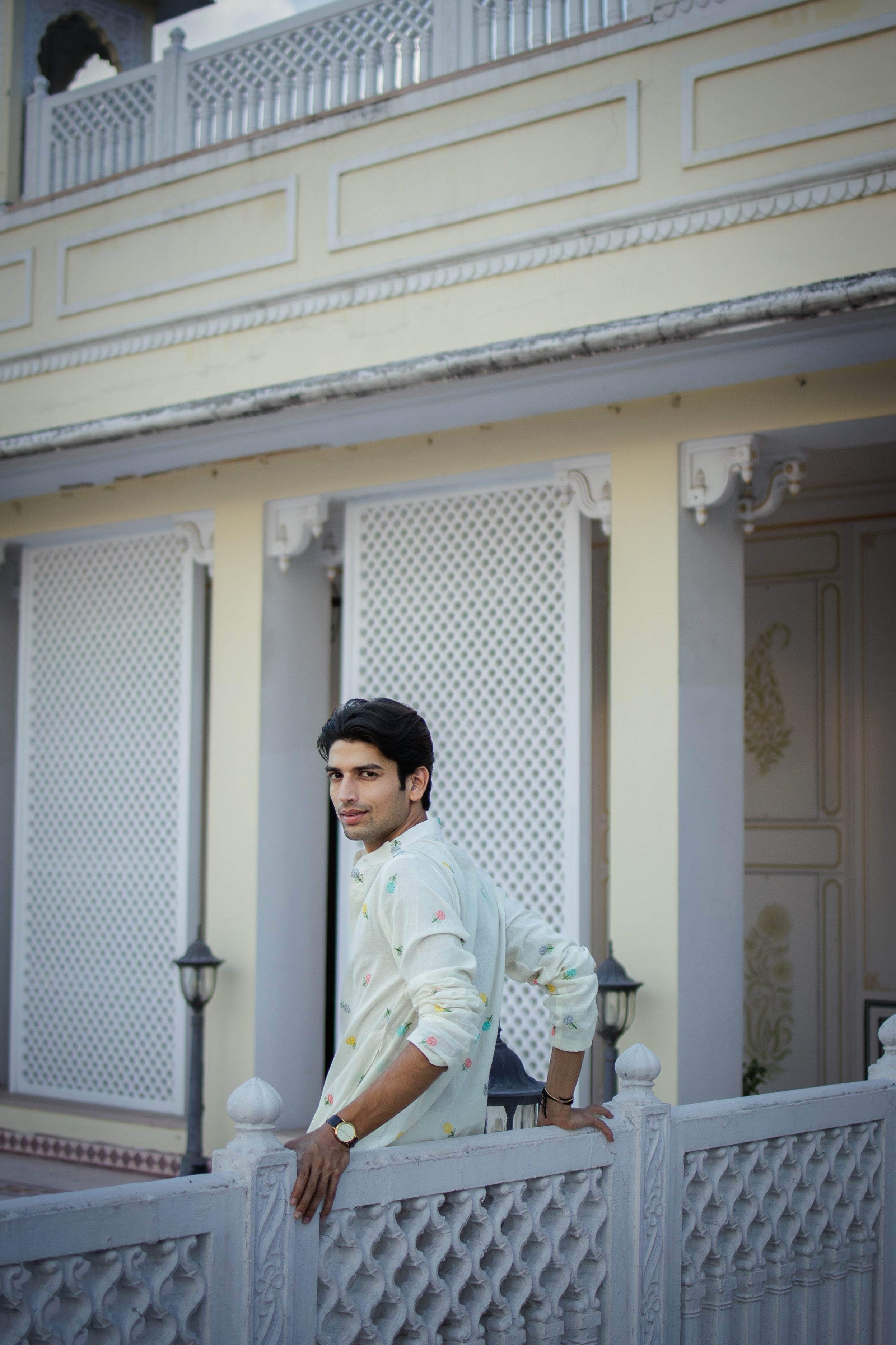 Mint White Floral Motif Ethnic Kurta