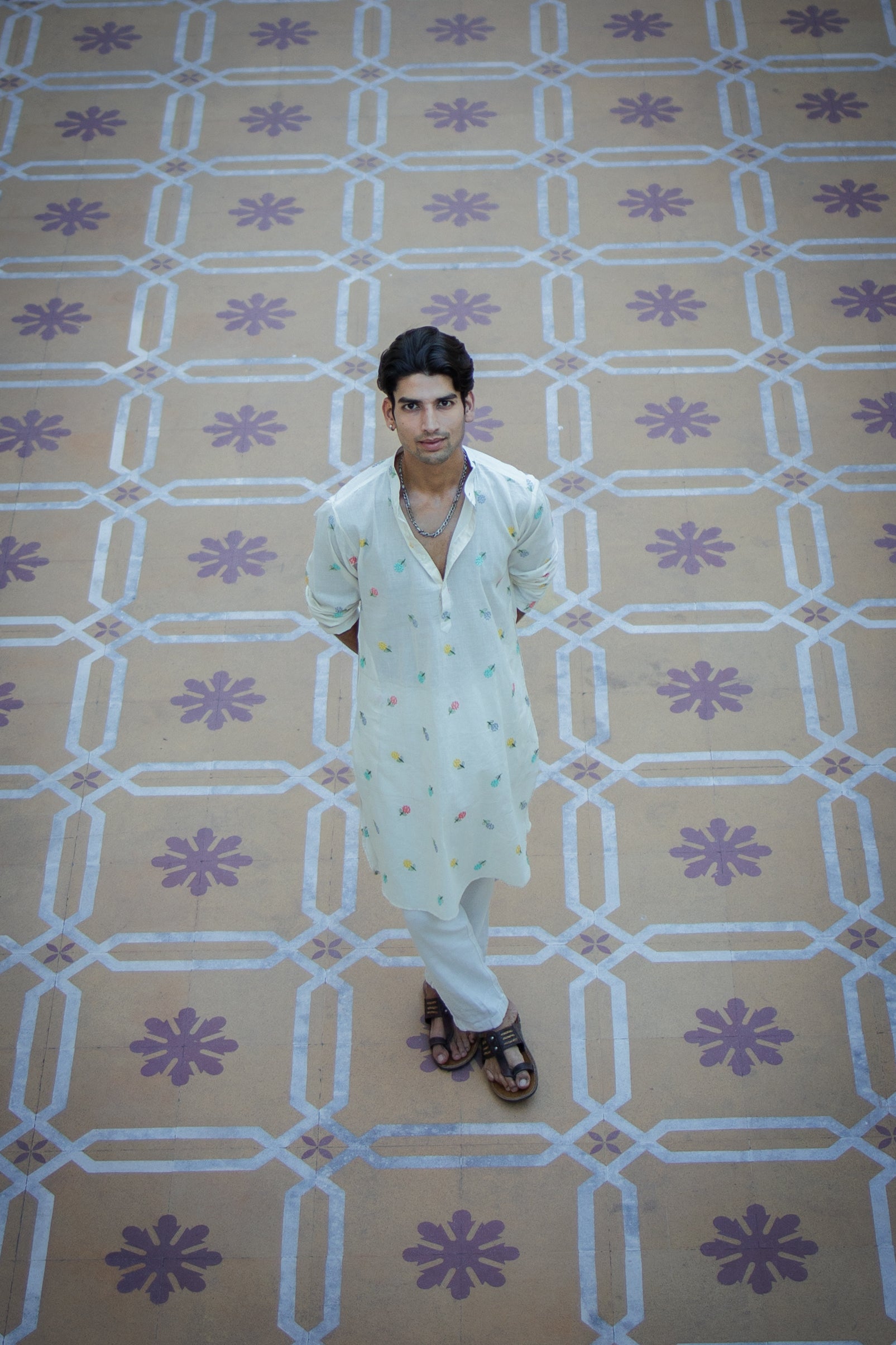 Mint White Floral Motif Ethnic Kurta