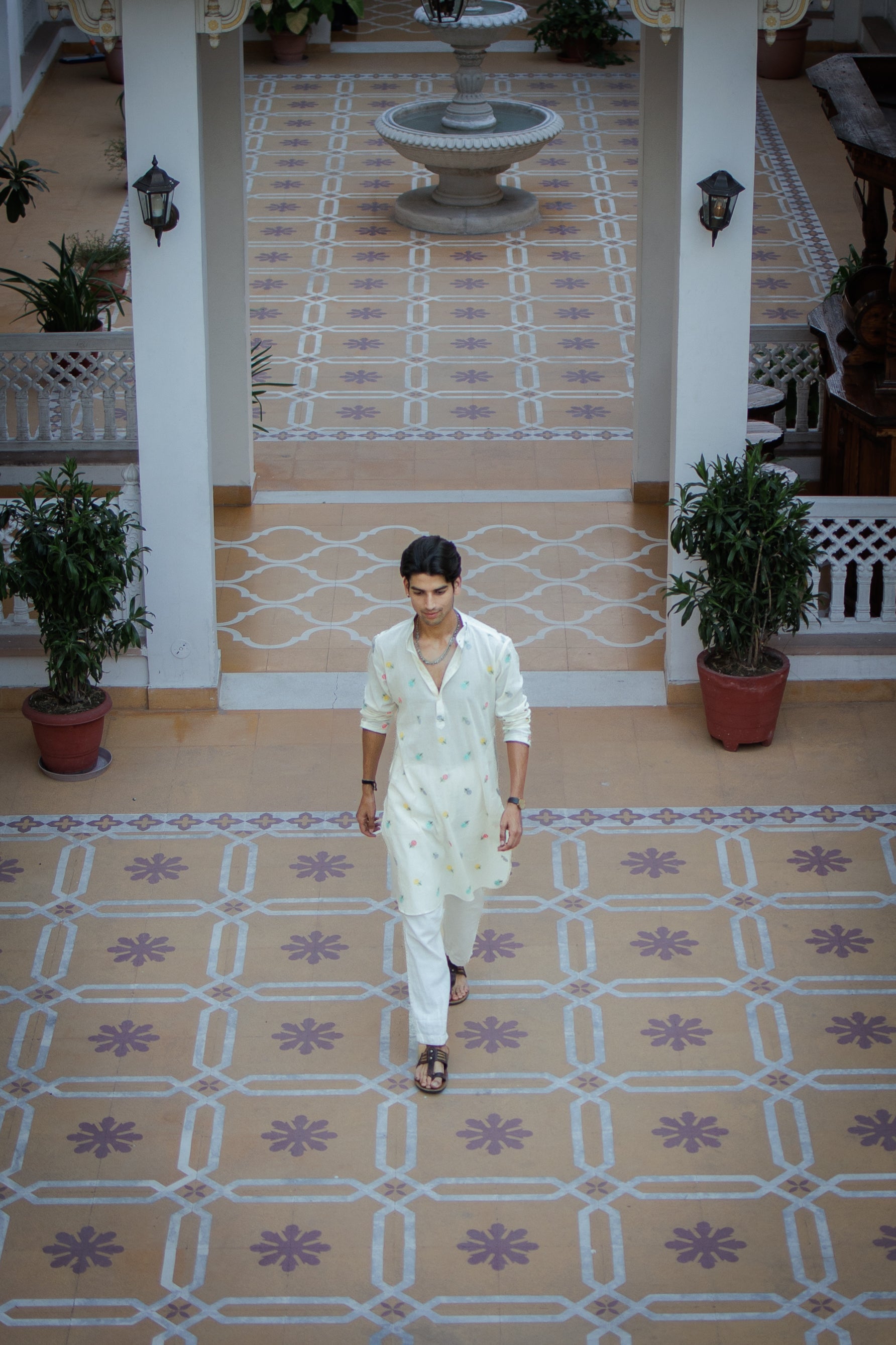 Mint White Floral Motif Ethnic Kurta