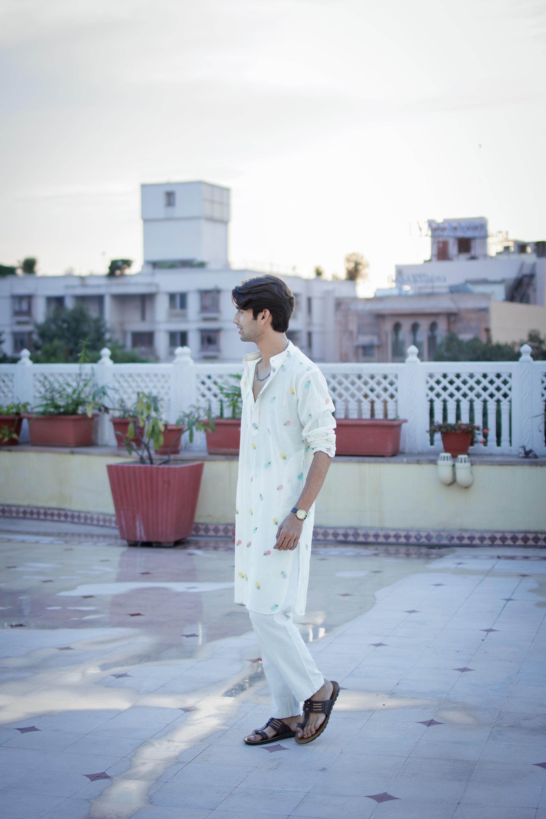 Mint White Floral Motif Ethnic Kurta