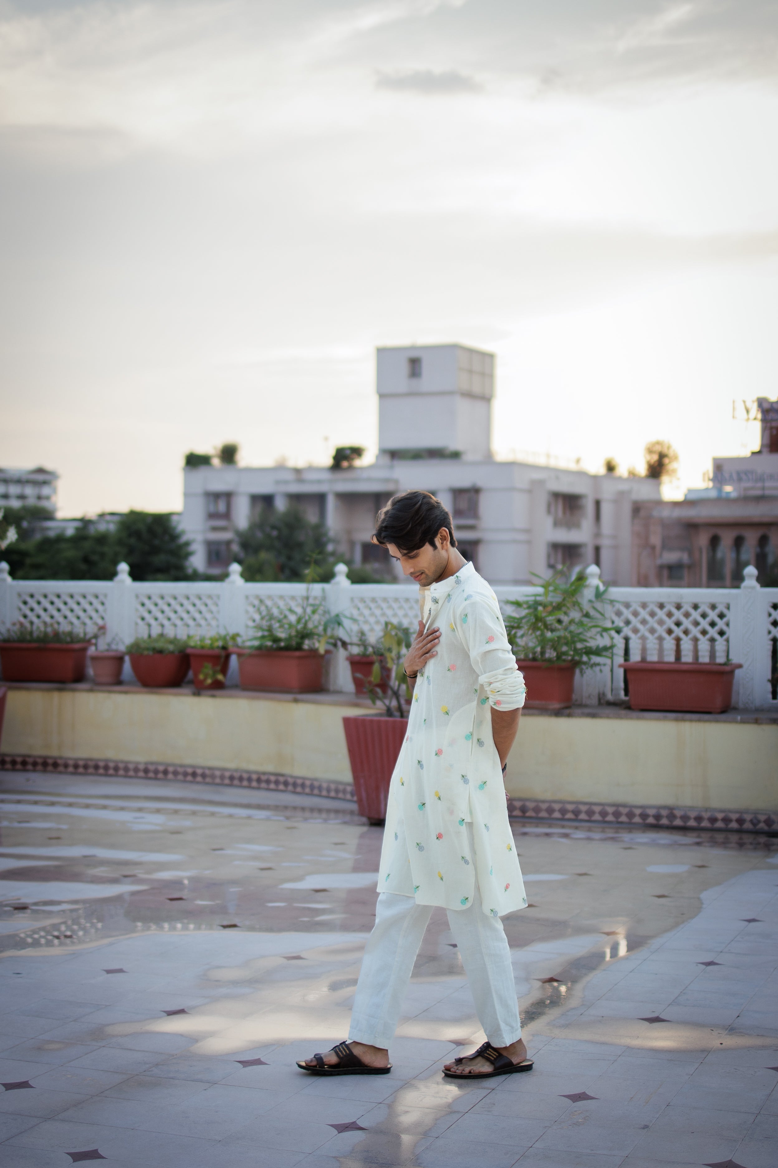 Mint White Floral Motif Ethnic Kurta