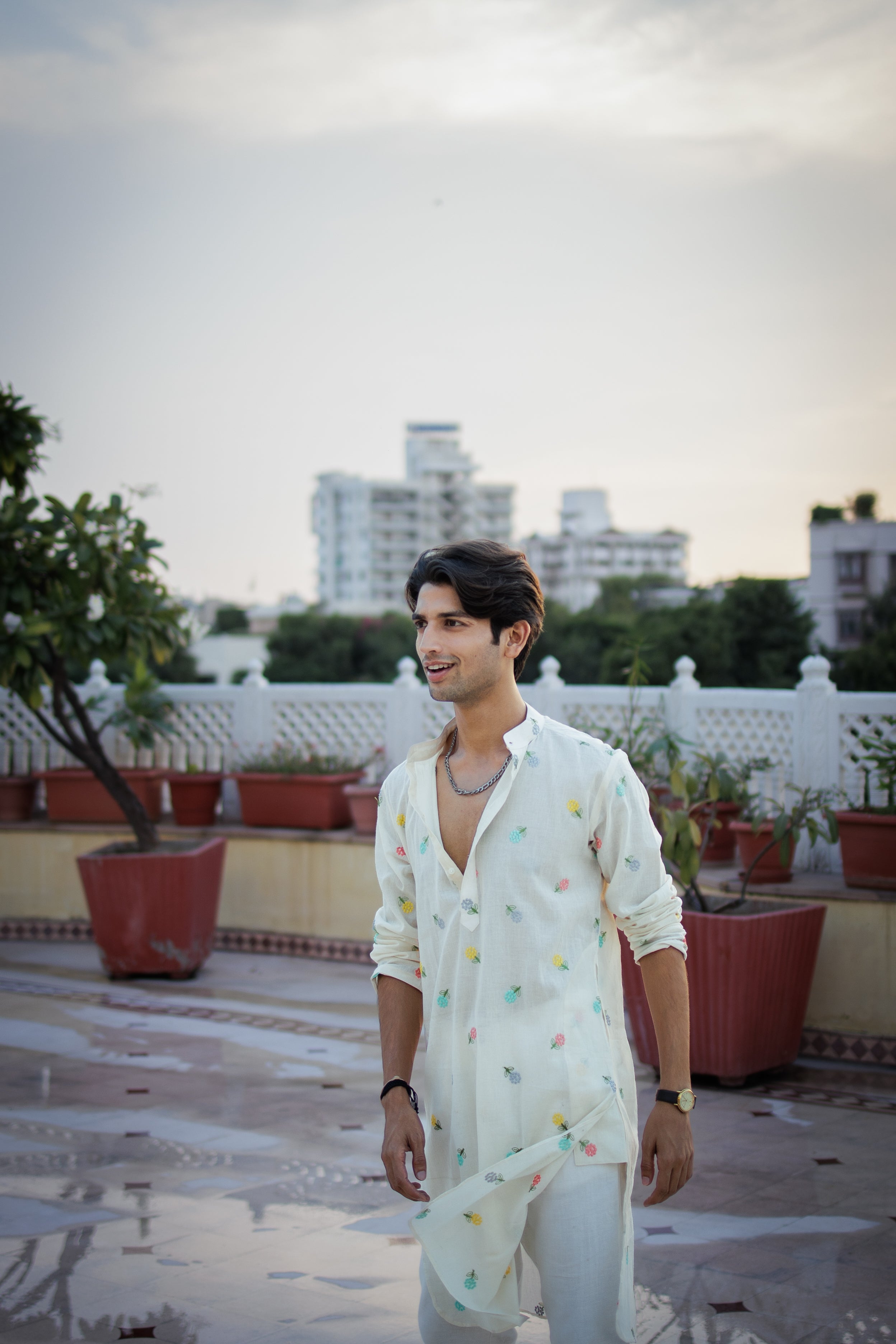 Mint White Floral Motif Ethnic Kurta
