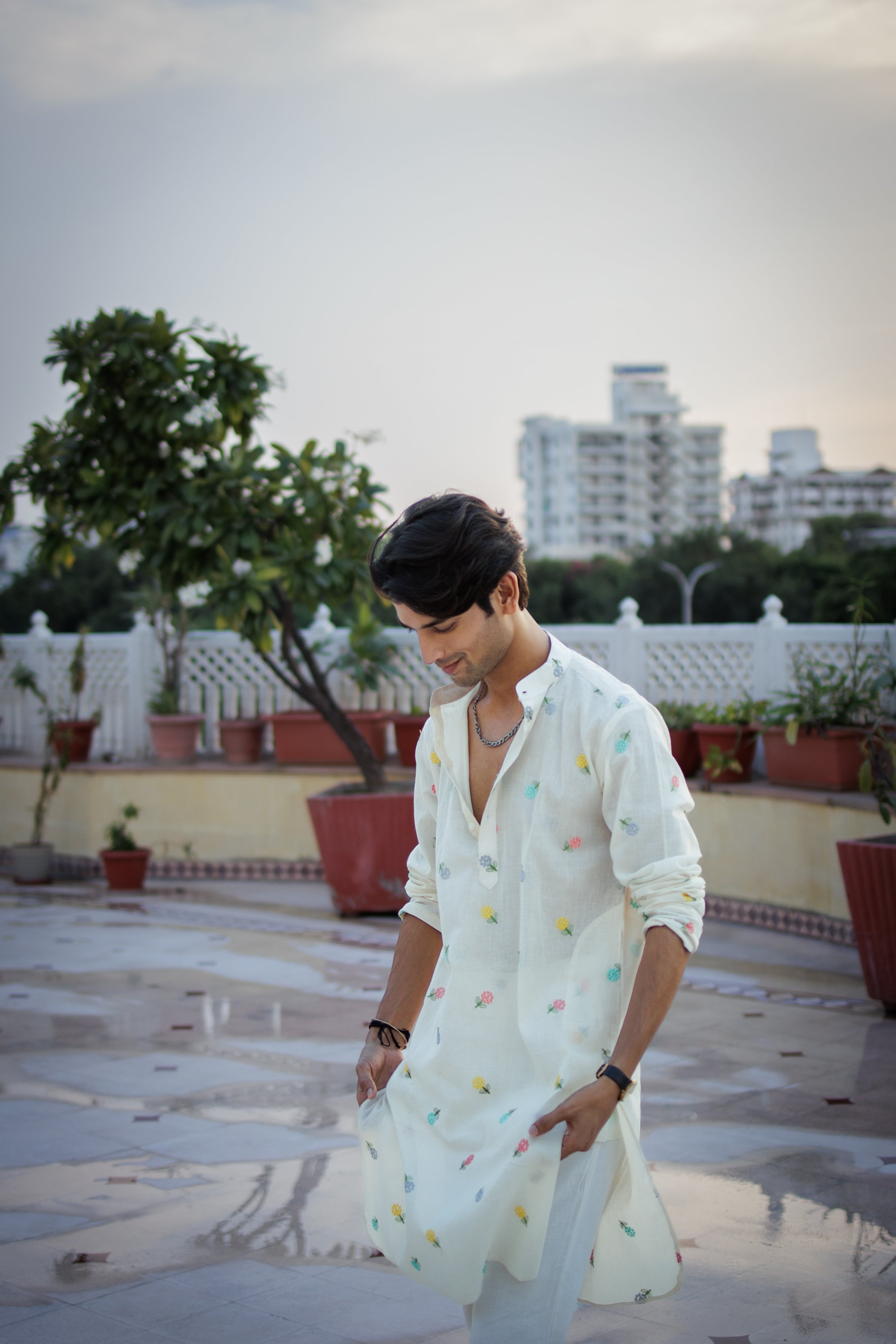 Mint White Floral Motif Ethnic Kurta