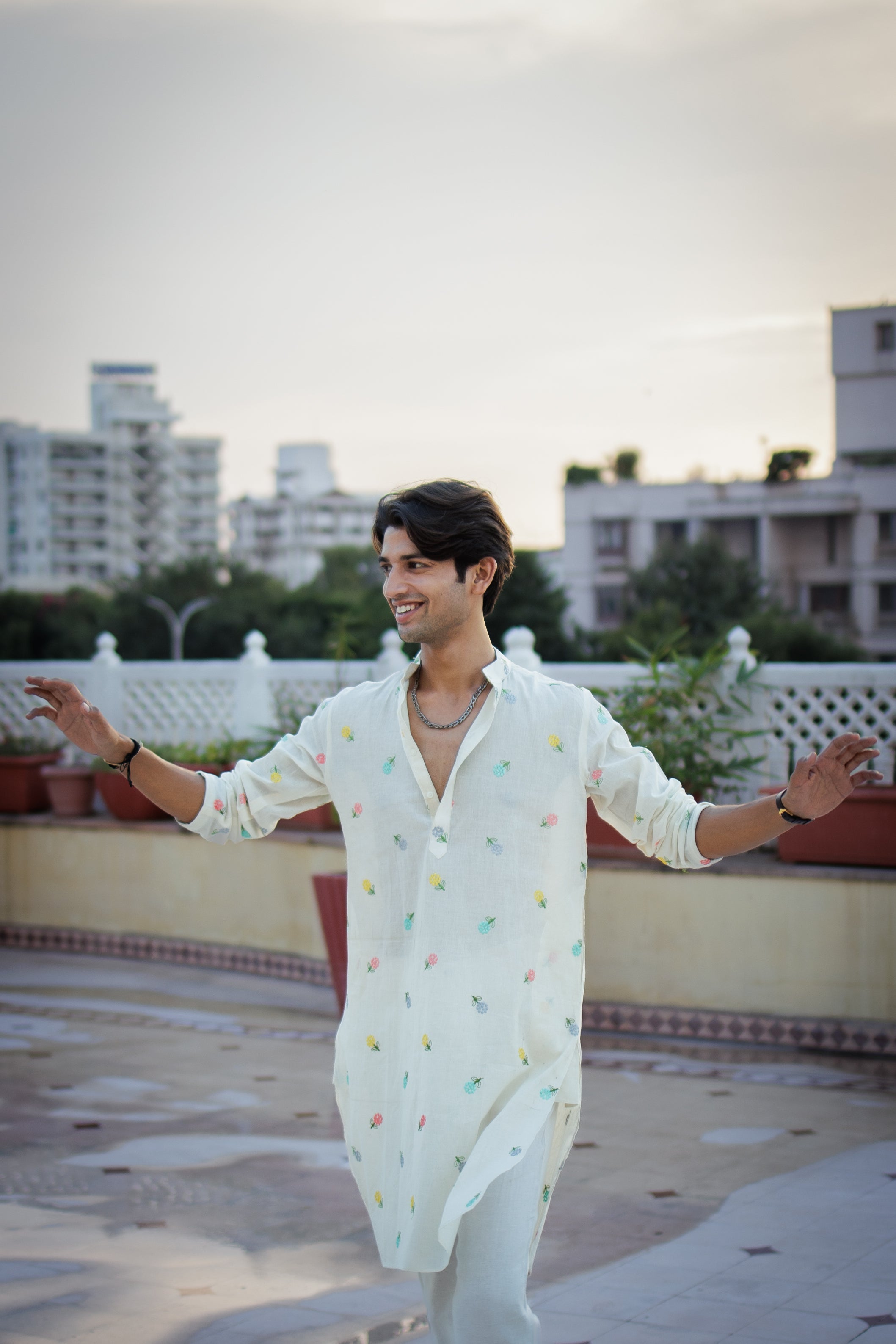 Mint White Floral Motif Ethnic Kurta