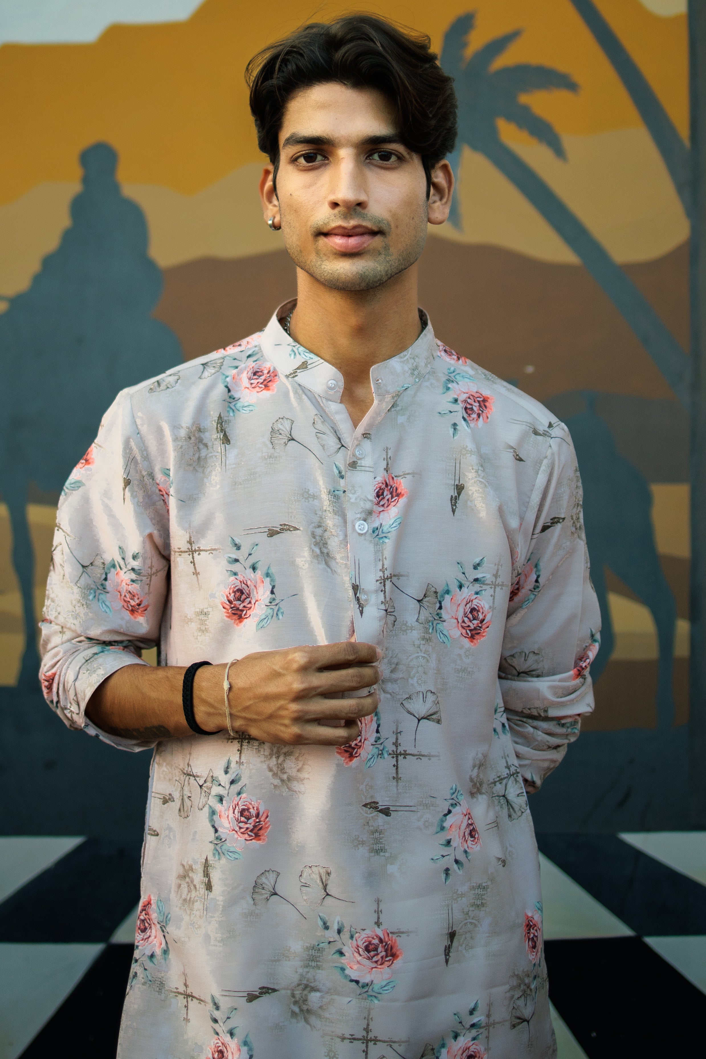 Floral Printed Pastel Pink Cotton Kurta