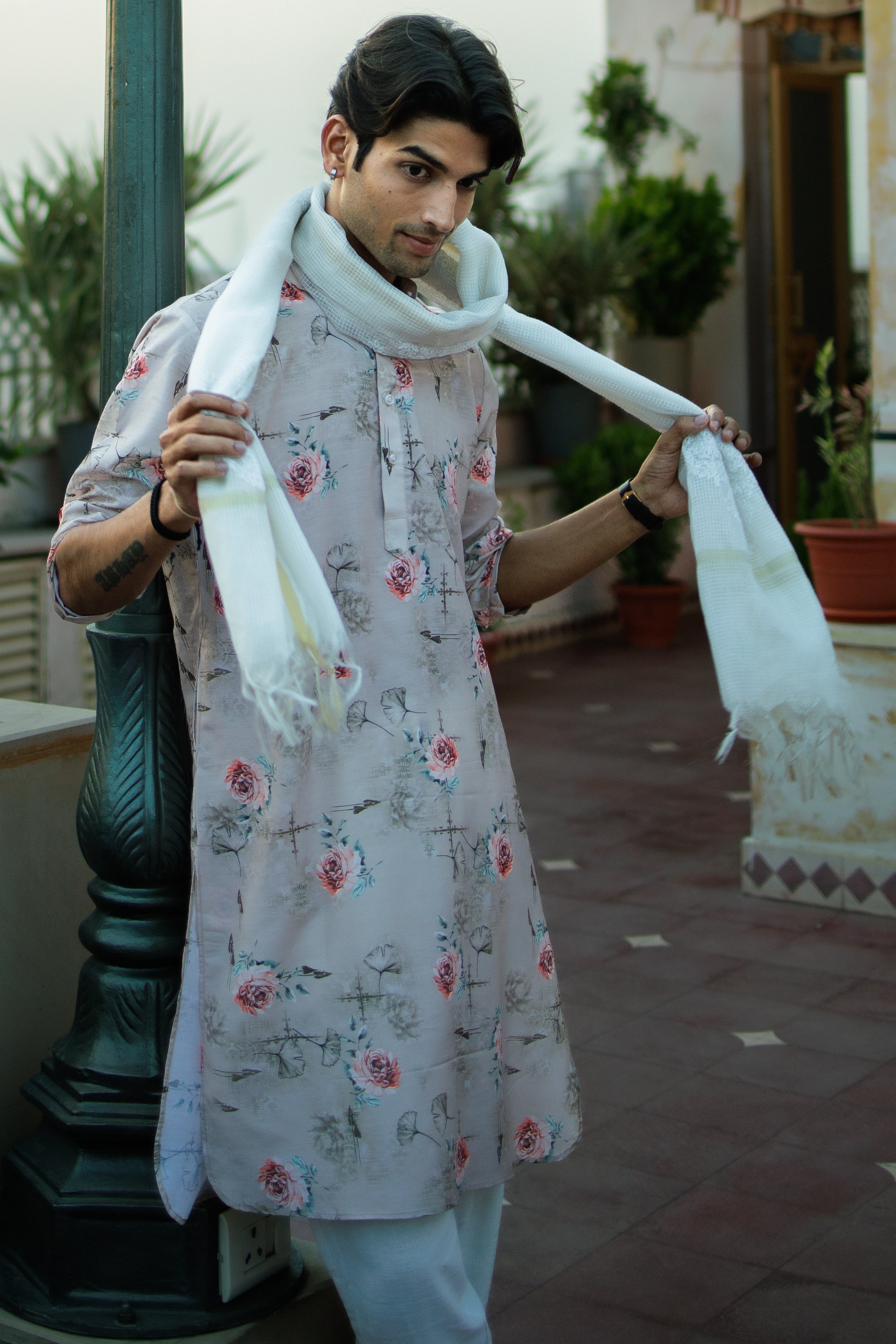 Floral Printed Pastel Pink Cotton Kurta