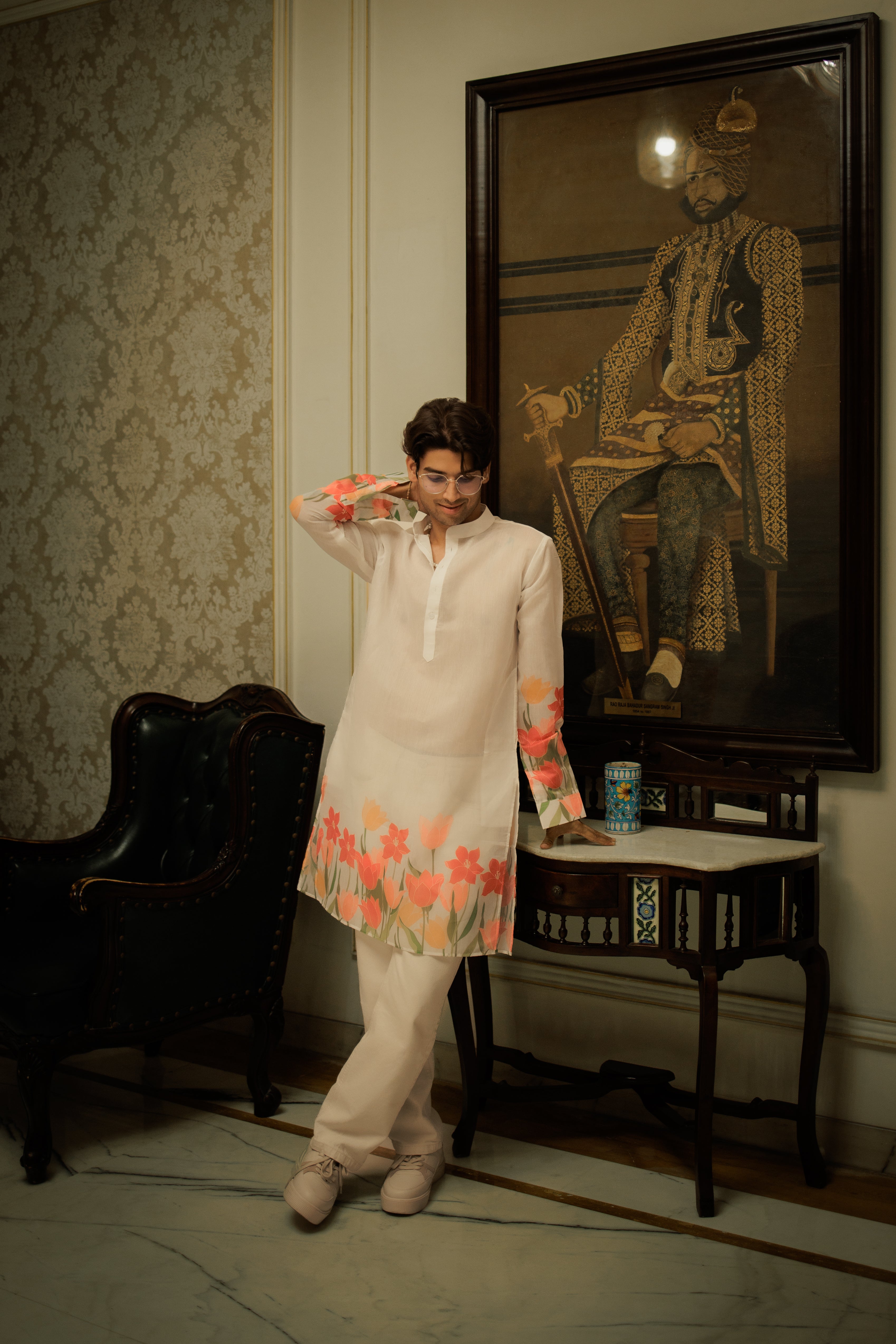 Ivory Floral Ganganagery Kurta Set