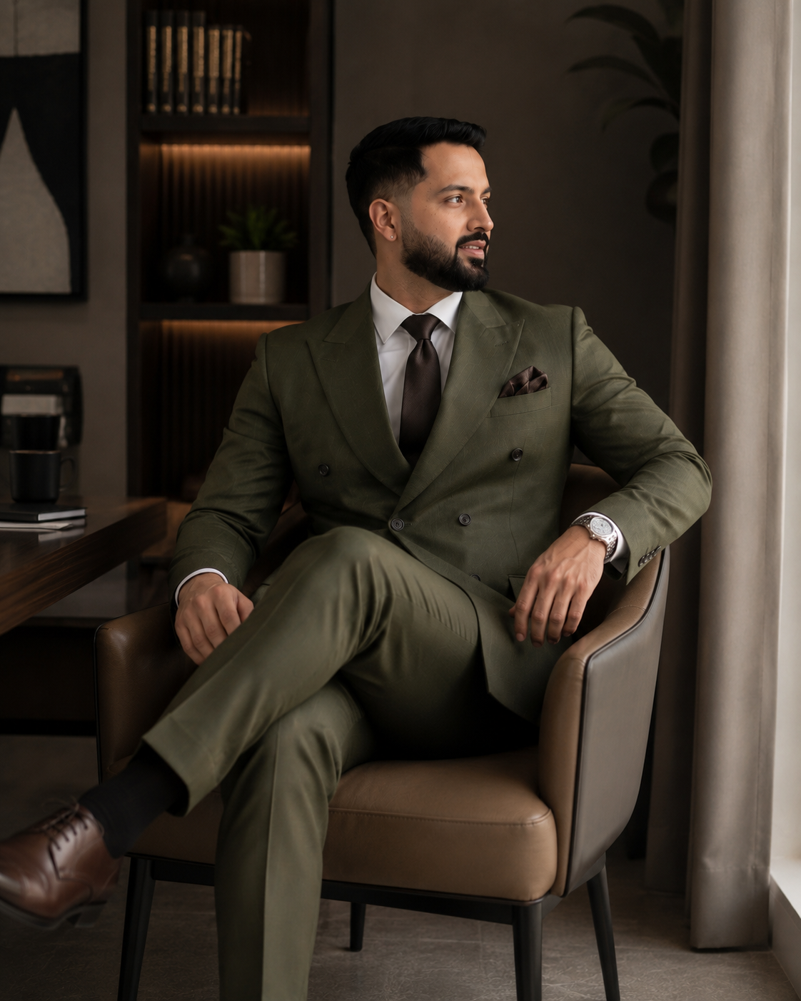 Olive Green Double Breasted Suit For Men