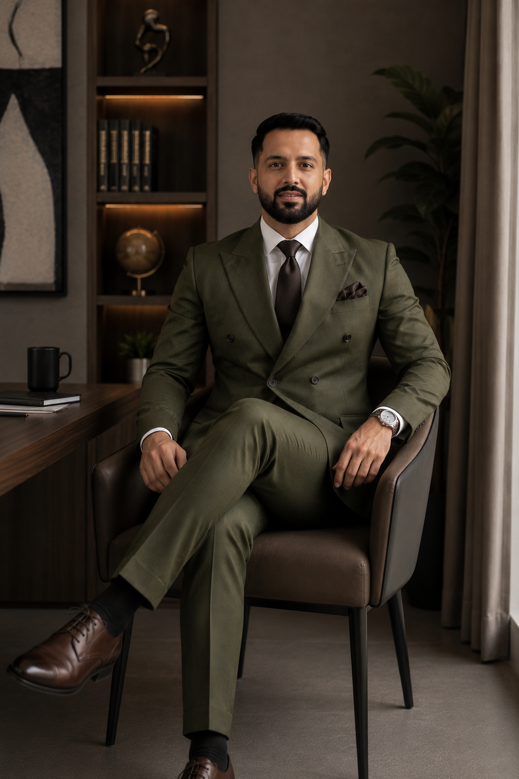 Olive Green Double Breasted Suit For Men