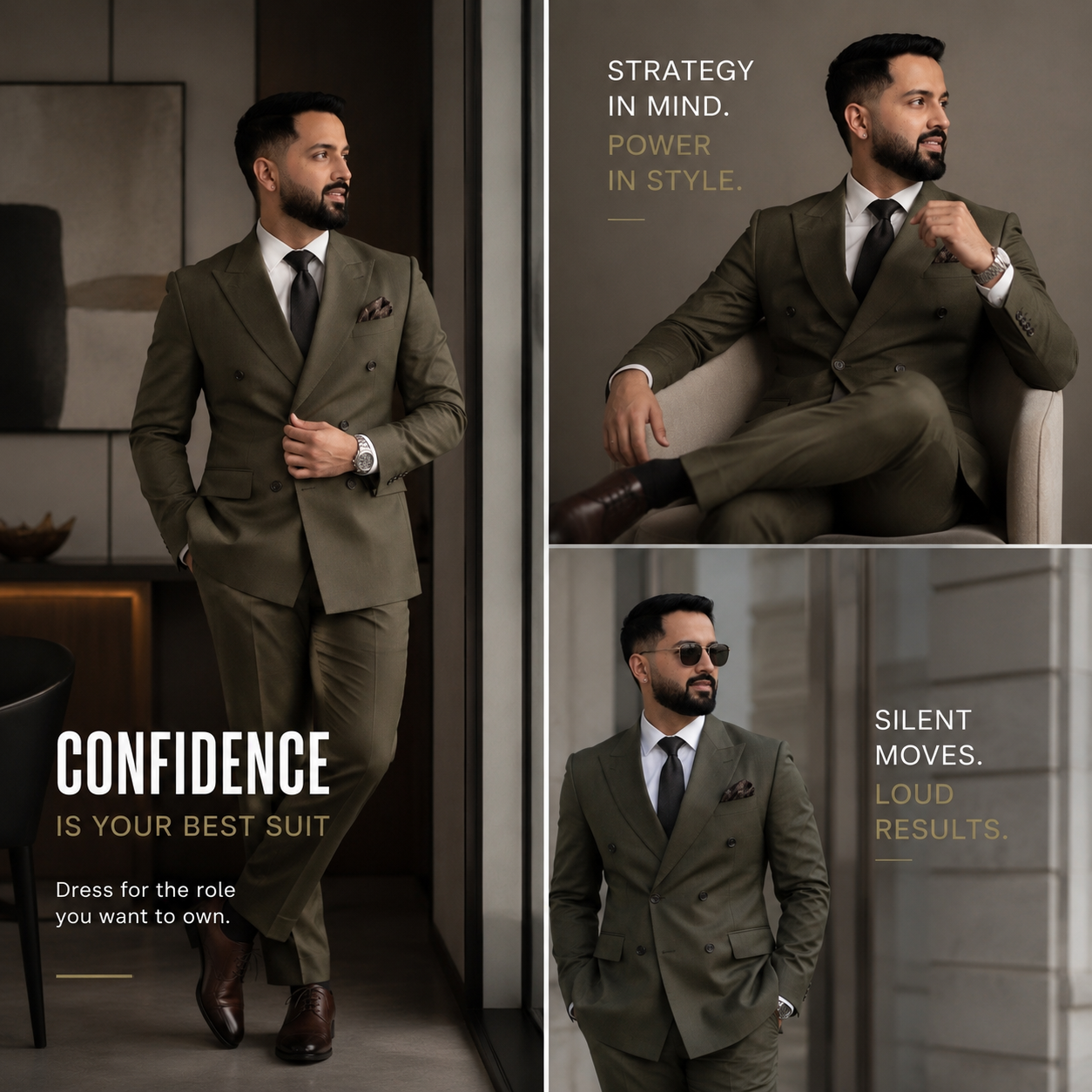 Olive Green Double Breasted Suit For Men